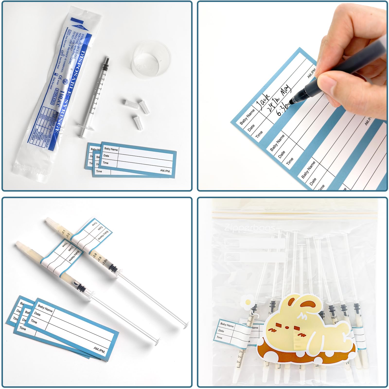 Jeringas de calostro de 1 ml, kit de colector de calostro que incluye calcomanías, 1 bolsa de almacenamiento para tazas medidoras, 100 juegos