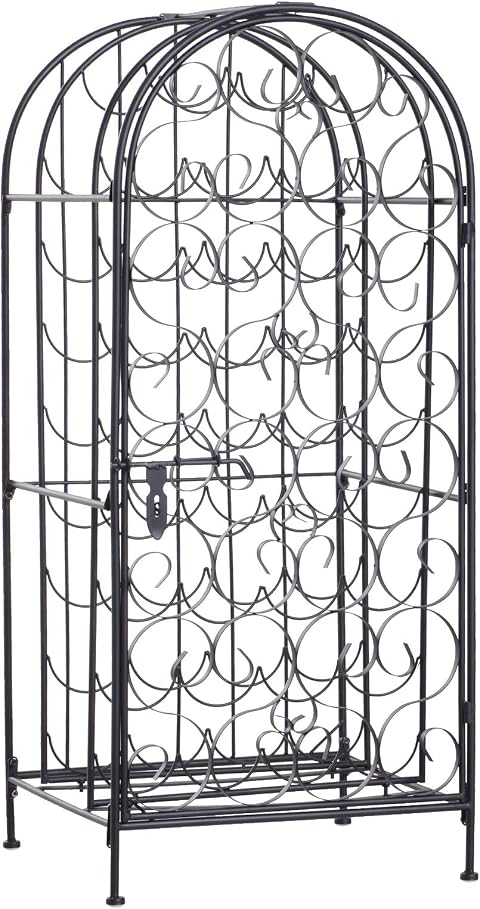 35 Bottle Wrought Iron Wine Rack Cabinet with Lock Black