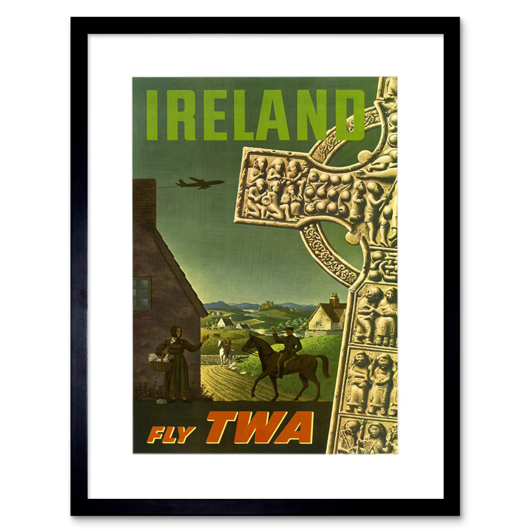 Wee Blue Coo TRAVEL TWA AIRLINE IRELAND CELTIC CROSS RURAL VINTAGE ADVERT ART PRINT B12X1744
