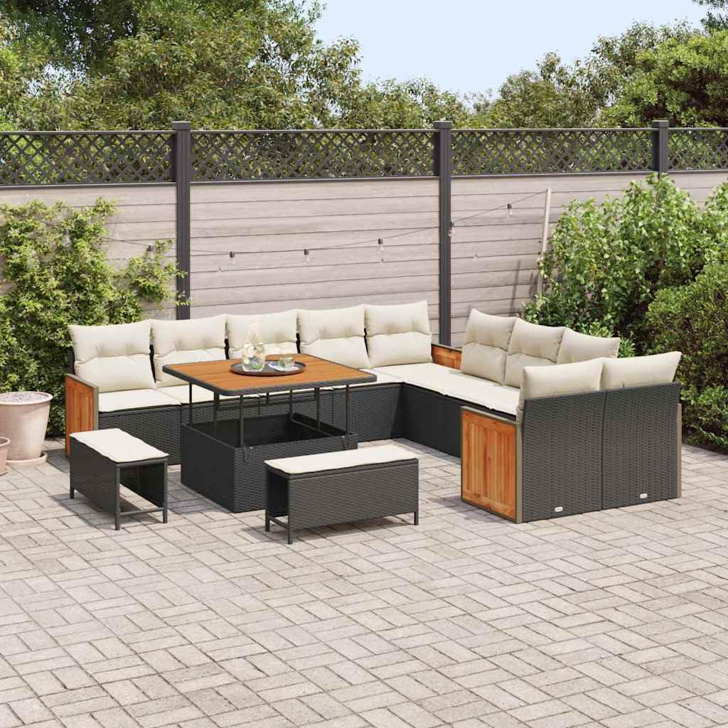 13-częściowy zestaw mebli ogrodowych, czarny i kremowy, polirattan, modułowa sofa na taras, trwałe meble outdoorowe, rama z drewna akacjowego, odporna na warunki atmosferyczne zestaw