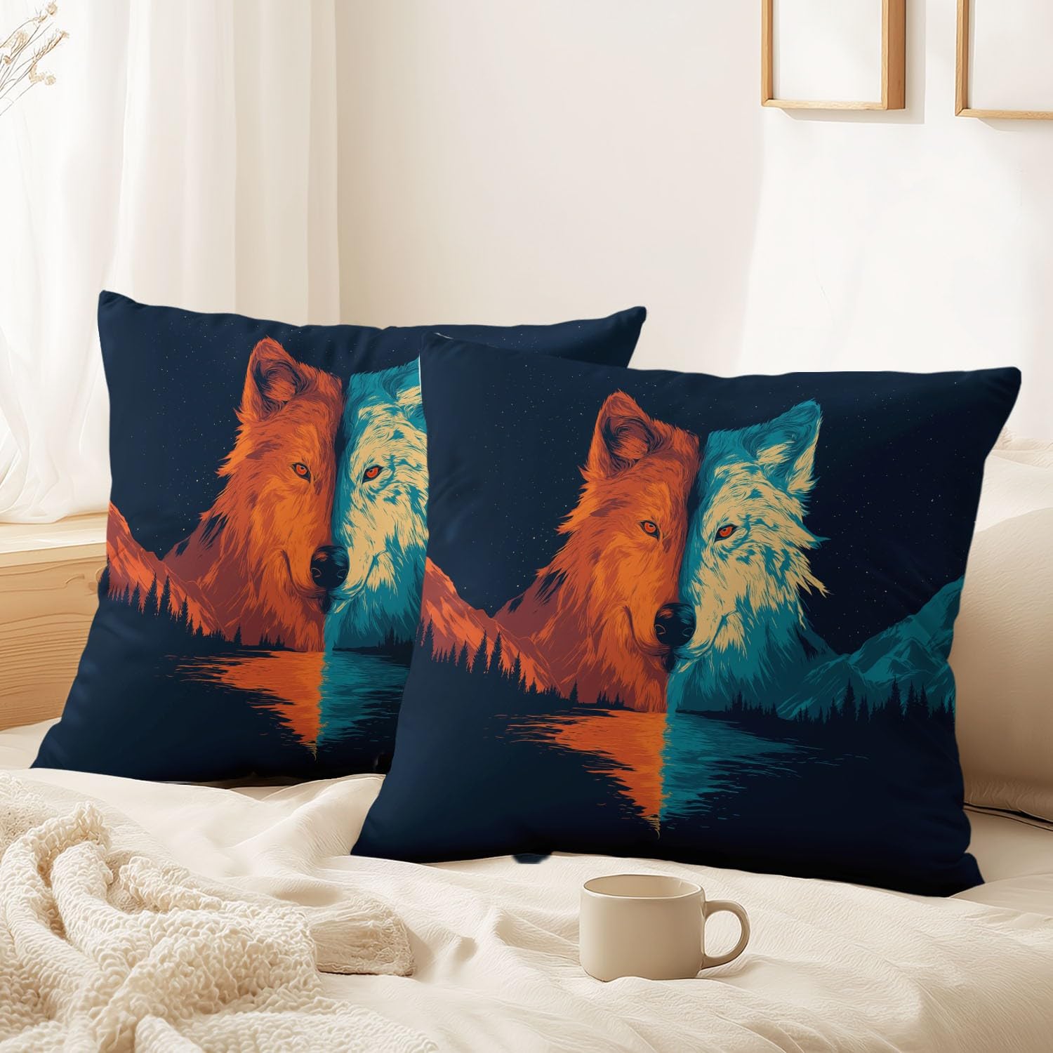 Taie d'oreiller paysage doux et loup fantastique pour embellir votre canapé