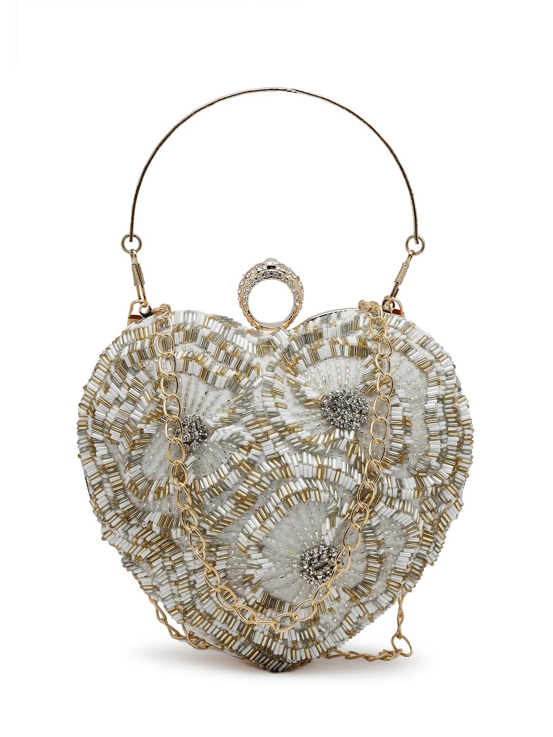 Amour Heart Shaped Floral Embellished Faux Silk Clutch-image-9