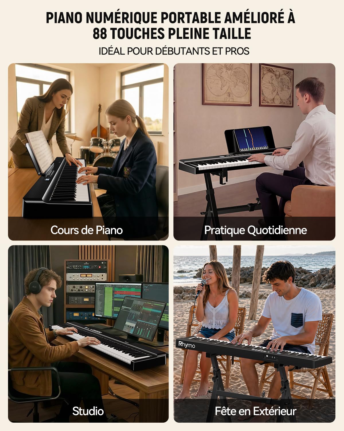 Piano Pliable 88 Touches, Rhymo Piano Numérique Portable avec Touches Semi-Lestées Taille Réelle, Haut-parleurs 30W, Bluetooth MIDI, Pédale de Sustain, Autonomie 10h, Débutants & Adultes (Noir)