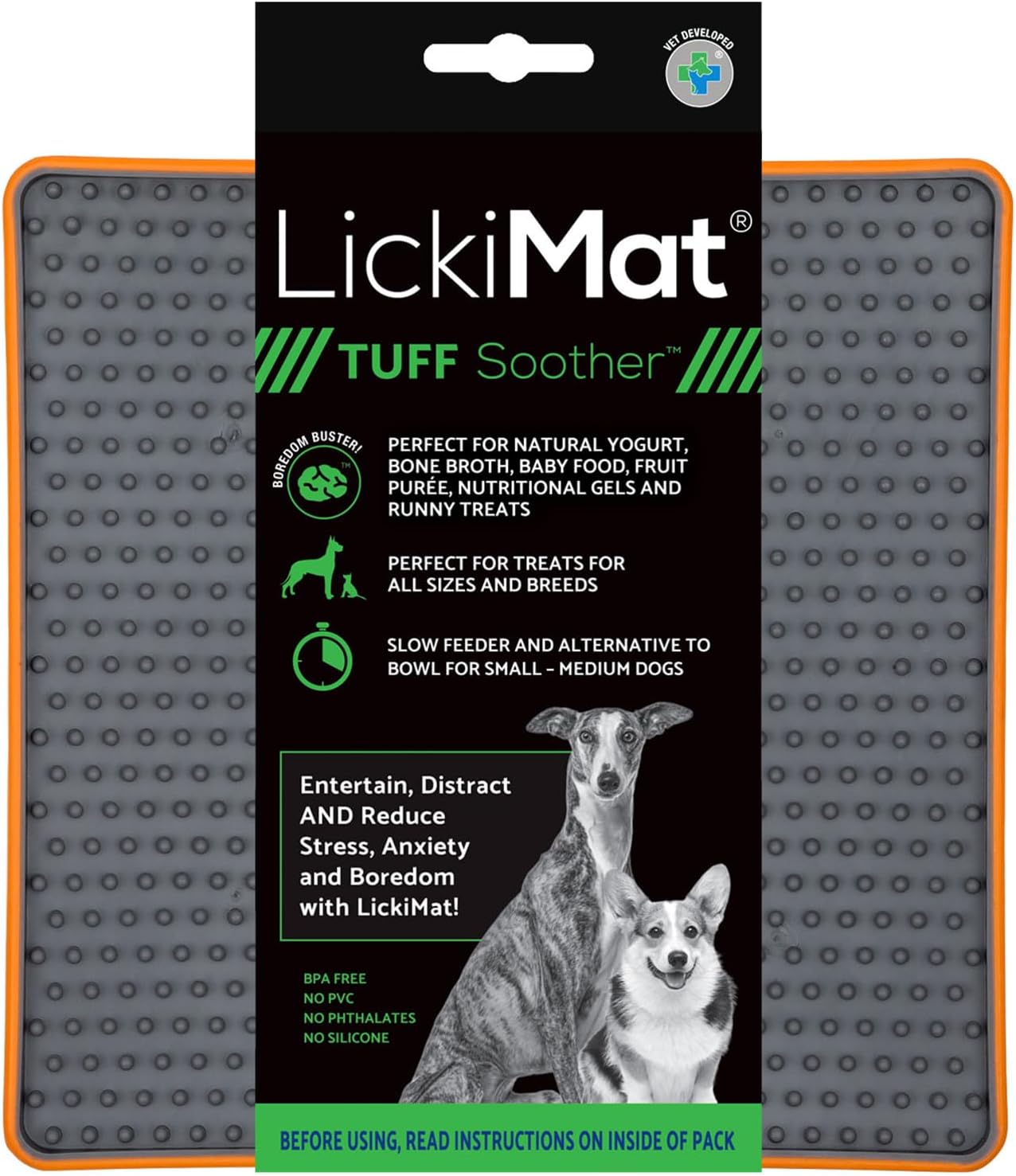 Lickimat Tuff, Heavy-Duty Soother, Dog Slow Feeder Lick Mat, Boredom Anxiety Reducer; Perfect for Food, Treats, Yogurt, or Peanut Butter, Fun Alternative to a Slow Feed Dog Bowl - Orange