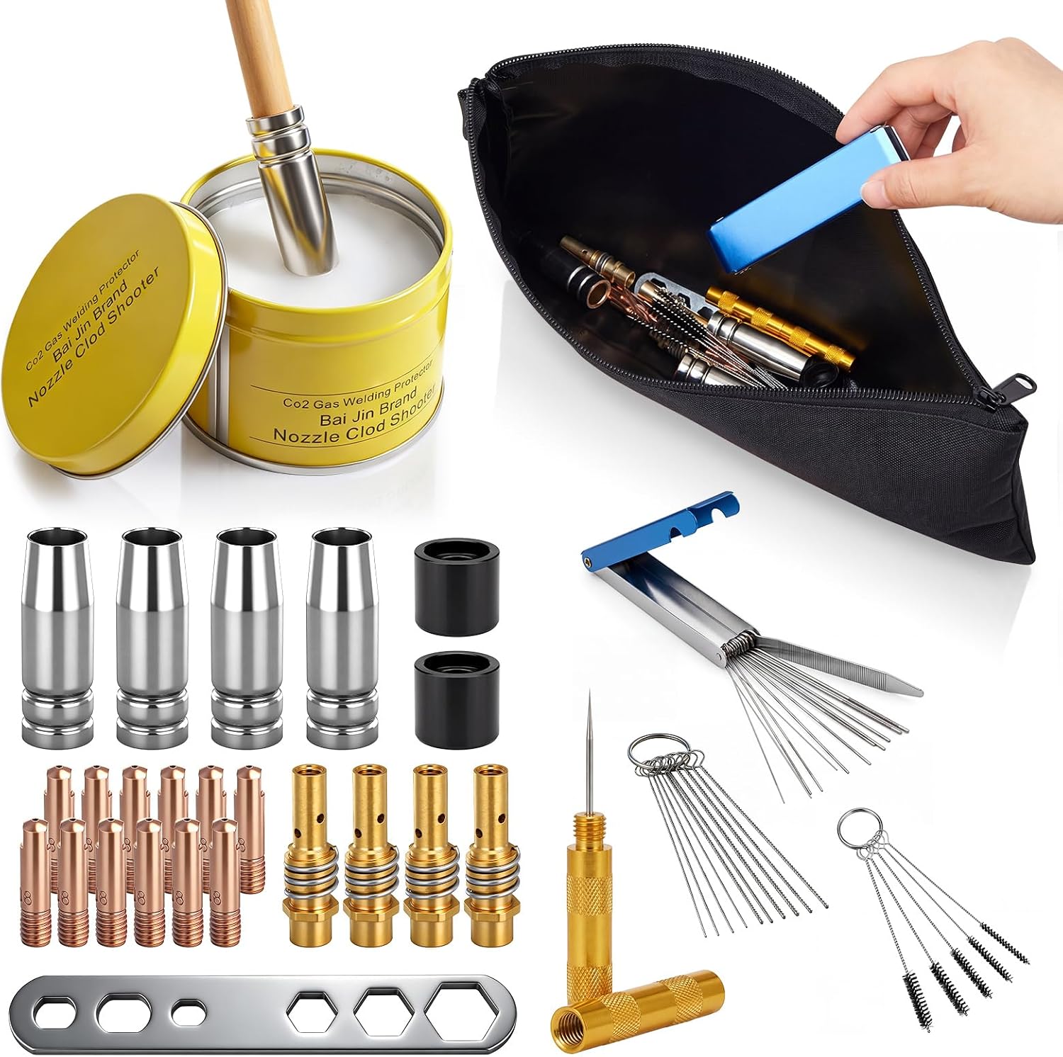 27 Sets MIG Welding Gun Accessory Kit Compatible with MB15 15AK .030" 0.8mm - .030"/0.8mm Copper Contact Tips, Anti-spatter Gel, Gas Nozzle, Diffuser, 13-in-1 Tip Cleaner & Tool Bag
