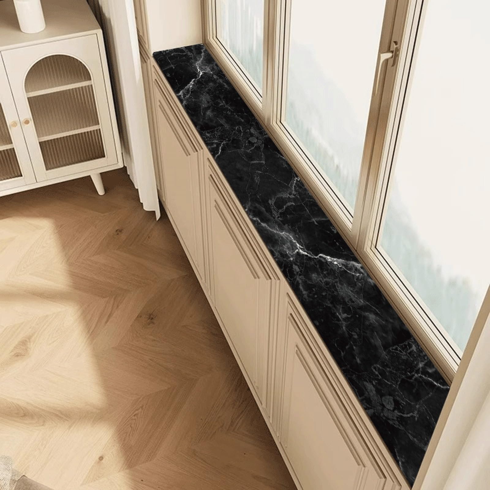 Federa decorativa per davanzale della finestra, spessore 4 mm, antiscivolo, per animali domestici e piante, motivo piastrelle (nero, 100 x 30 cm), protezione per davanzale della finestra
