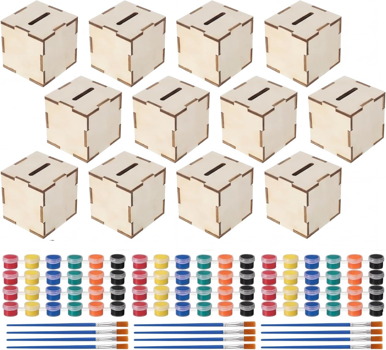 12 Set DIY Unfinished Wooden Block Bank Unfinished Piggy Bank Set with Paint Blank Coin Box Crafts Kit for Wood Piggy Banks Craft and Home Activities Fun