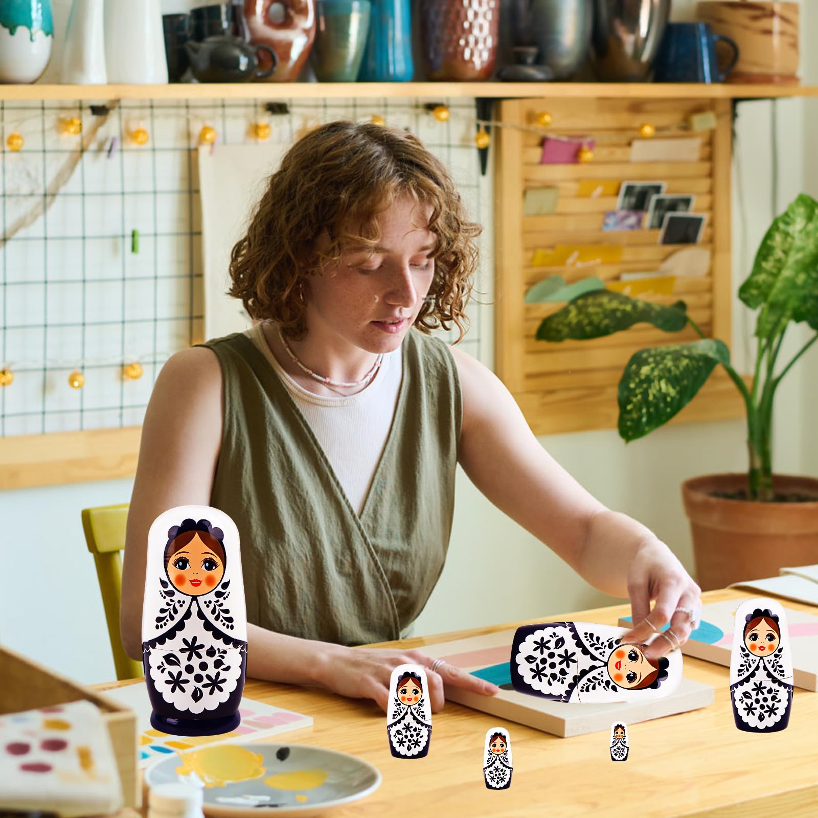 Matriochka Russe pour Les Enfants 6 pièces,Bois Six Couches Fille Russe nid poupée, matriochka Figures empiler des poupées de Jouets Cadeau pour Les Anniversaire