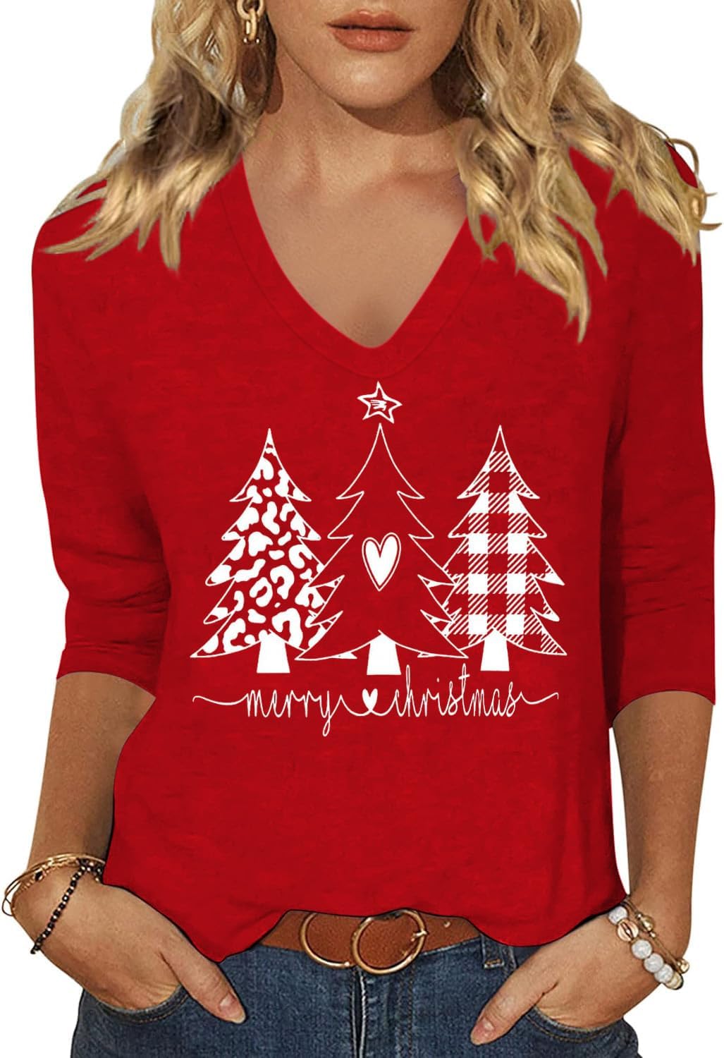 Womens Fall Shirts Halloween V Neck 3/4 Length Sleeve Pumpkin T-Shirts Thanksgiving Graphic Tee Tops