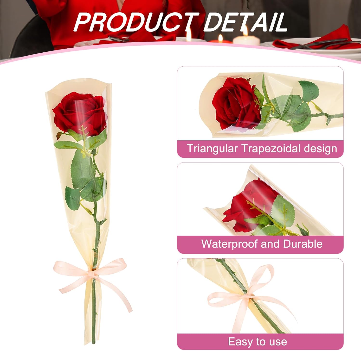 PATIKIL 100 Pack Flower Wrapping Bag, Champagne Floral Packing Sleeves with Ribbons Cute for Bouquets Wedding Birthday Graduation Anniversary Arrangement Gift, 17.7"x4.7"x1.2"