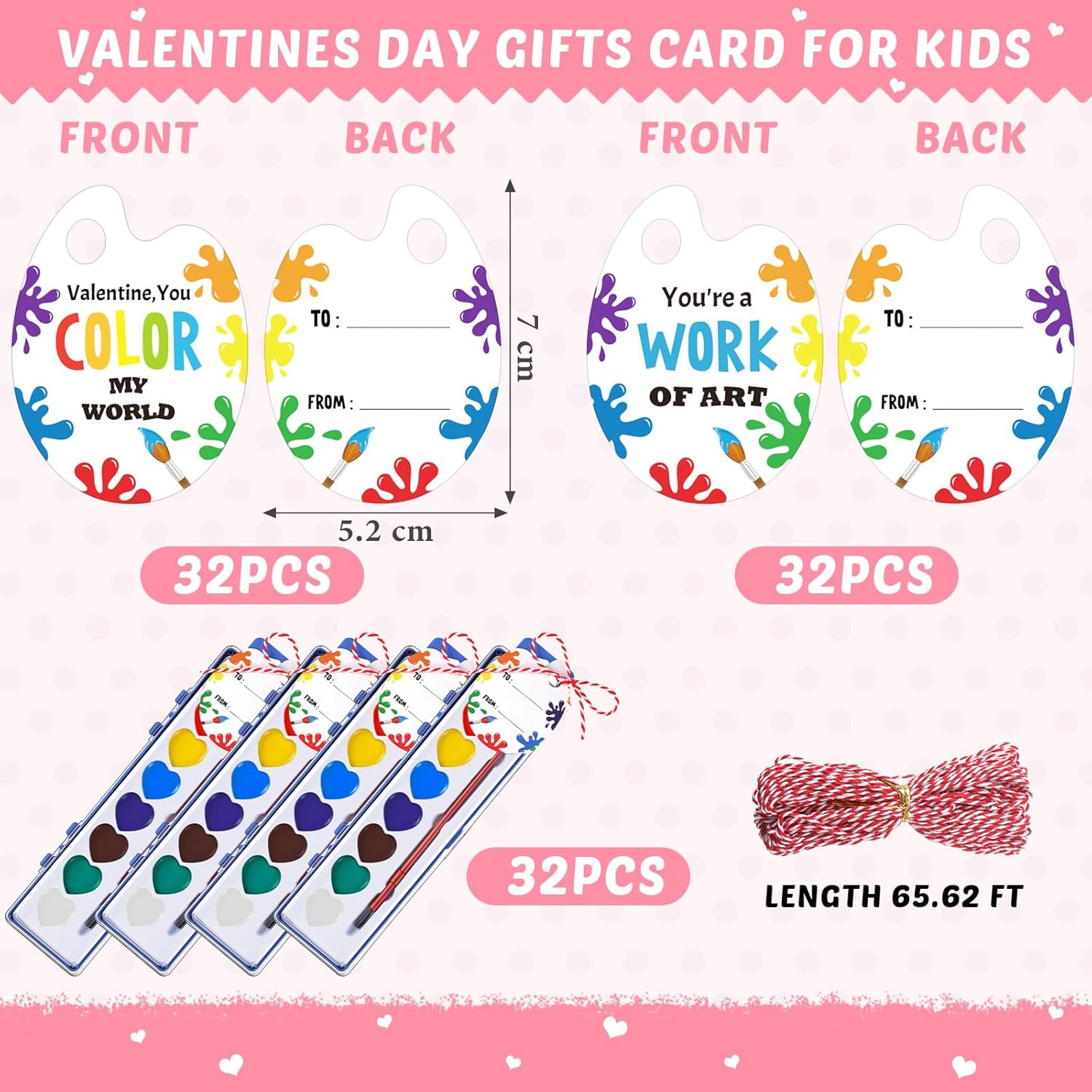 Sabary 32 Pack End of School Year Gift for Student Watercolor Paint Set Bulk with Card and Rope 8 Washable Watercolor Paint with Brush for Last Day of School Classroom Kid Art Party Favor (Heart)