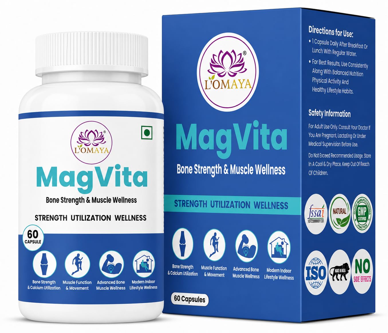 L'Omaya MagVita Magnesium Glycinate with Vitamin D3 & K2-7 MK7 | Bone Strength, Muscle Function & Calcium Absorption Support | Magnesium Supplement for Bones & Muscles | 60 Capsules (Pack of 1)