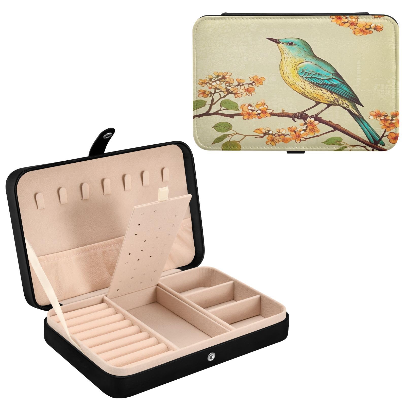 Haskirky Vintage Bird Jewelry Box Portable PU Leather Travel Jewelry Organize for Women Jewelry Storage Display Holder for Ring, Necklace, Earring