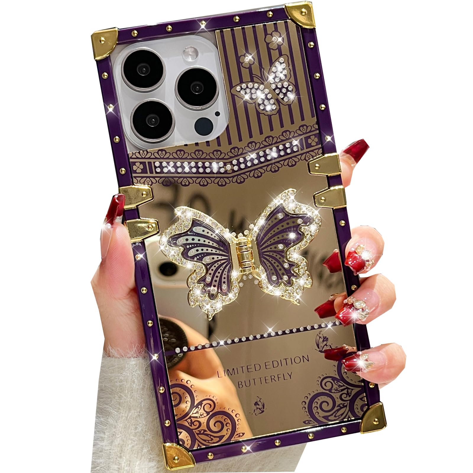 Changjia for iPhone 14 Pro Max Glitter Kickstand Case,Cute 3D Bling Sparkly Diamond Butterfly with Foldable Stand Elegant Mirror Back Shockproof Phone