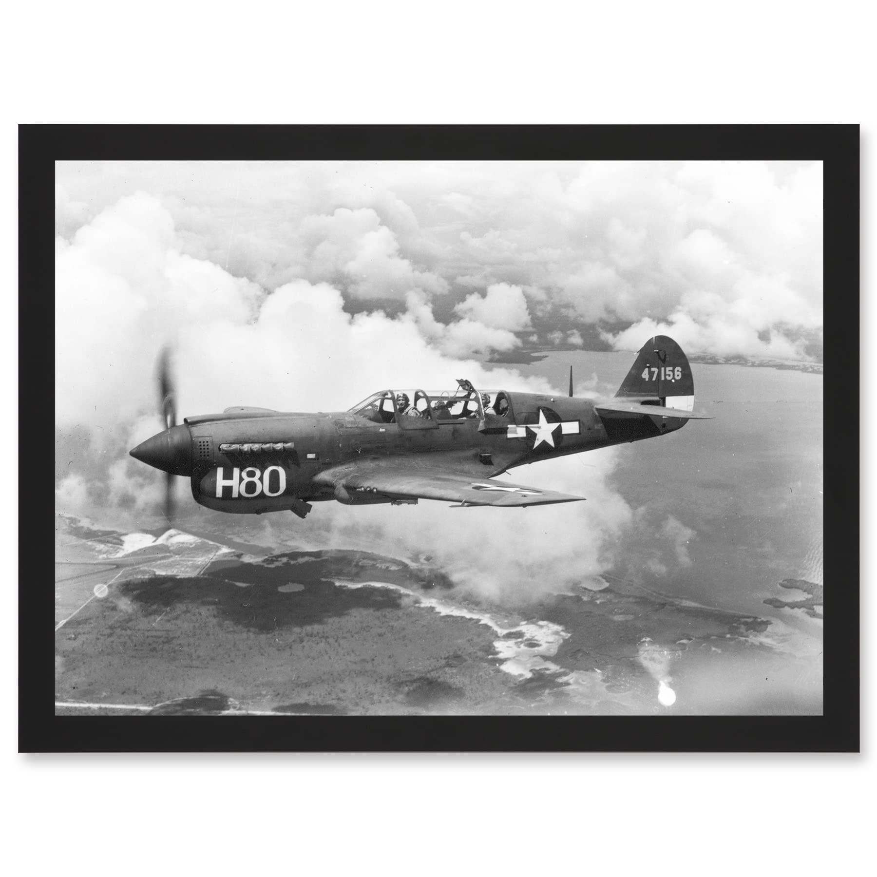 Artery8 War Military Vintage US Airforce Fighter Plane Black White P-40 Artwork Framed Wall Art Print A4