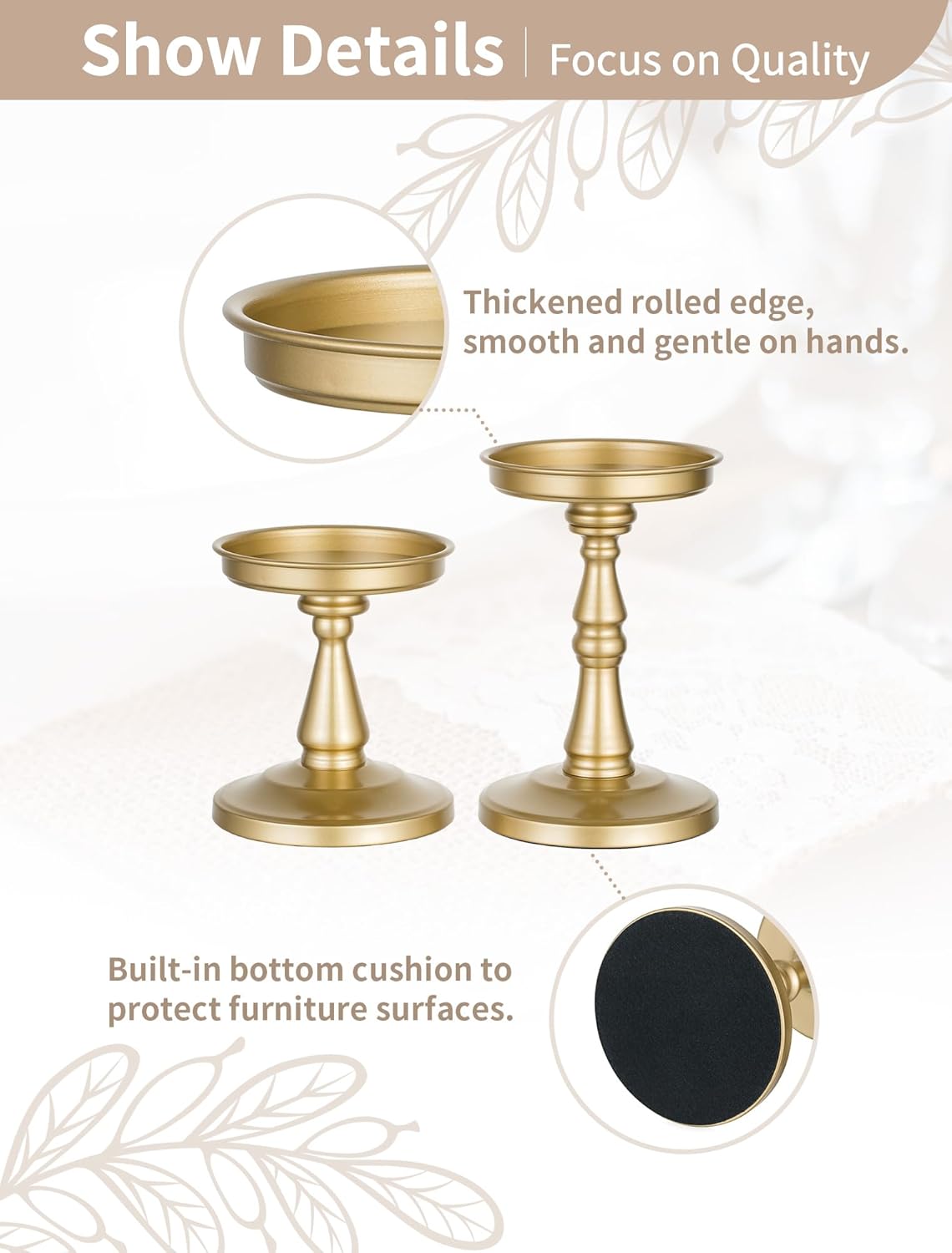 NUPTIO Large Candle Holder Set: 2pcs Large Gold Stand for 4" Diameter Pillars - Vintage Metal Pedestal for Dining Table Centerpieces Decor