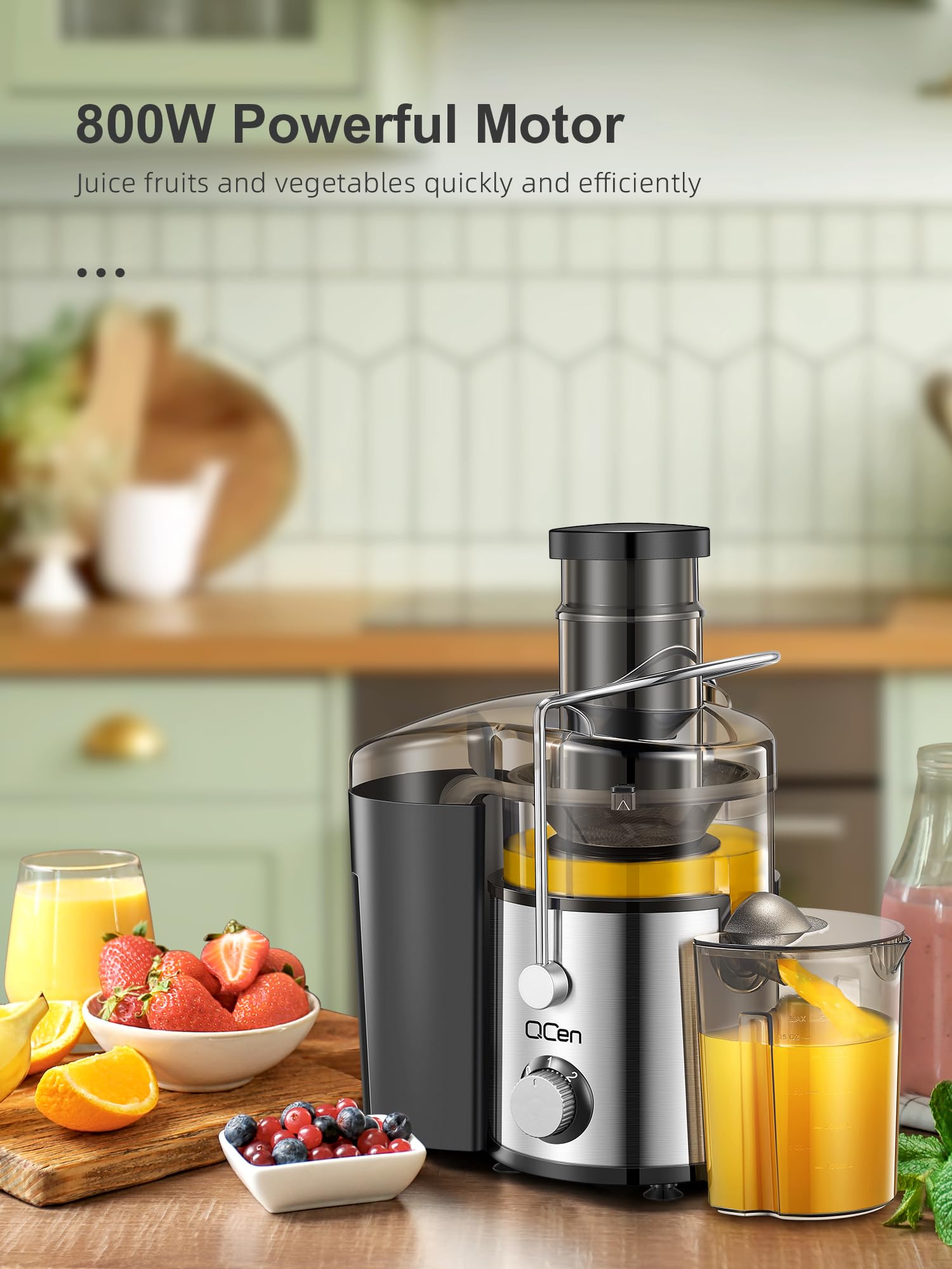 QCen Extracteur de jus centrifuge 800 W avec rampe de remplissage de 7,6 cm de large pour fruits et légumes, facile à nettoyer, acier inoxydable, sans BPA