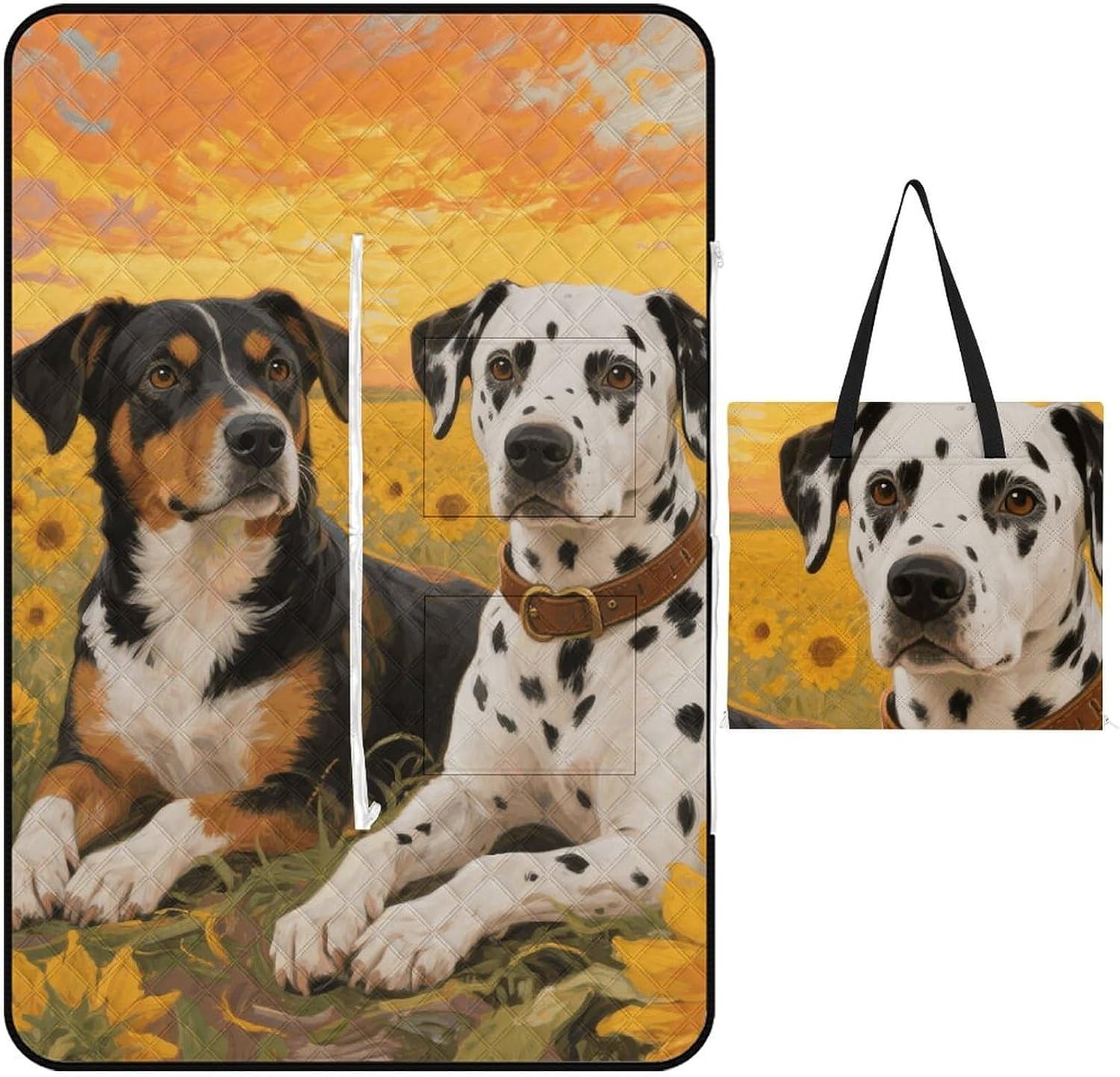 Dog Paint and Sunset Picnic Blanket 150x100cm, Foldable 2-in-1 Picnic Mat and Tote Bag Portable Waterproof Beach Mat Sandproof Outdoor Blanket for Park, Hiking, Beach, Camping, Travel