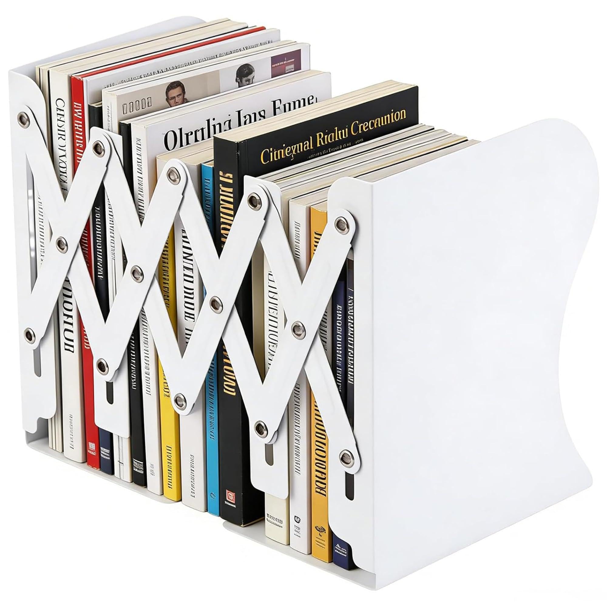 Book Ends, Adjustable Metal Bookends, Non-Skid Heavy Duty Book Holder, Bookends Holder for Library Home Classroom School Office Book Storage (White)