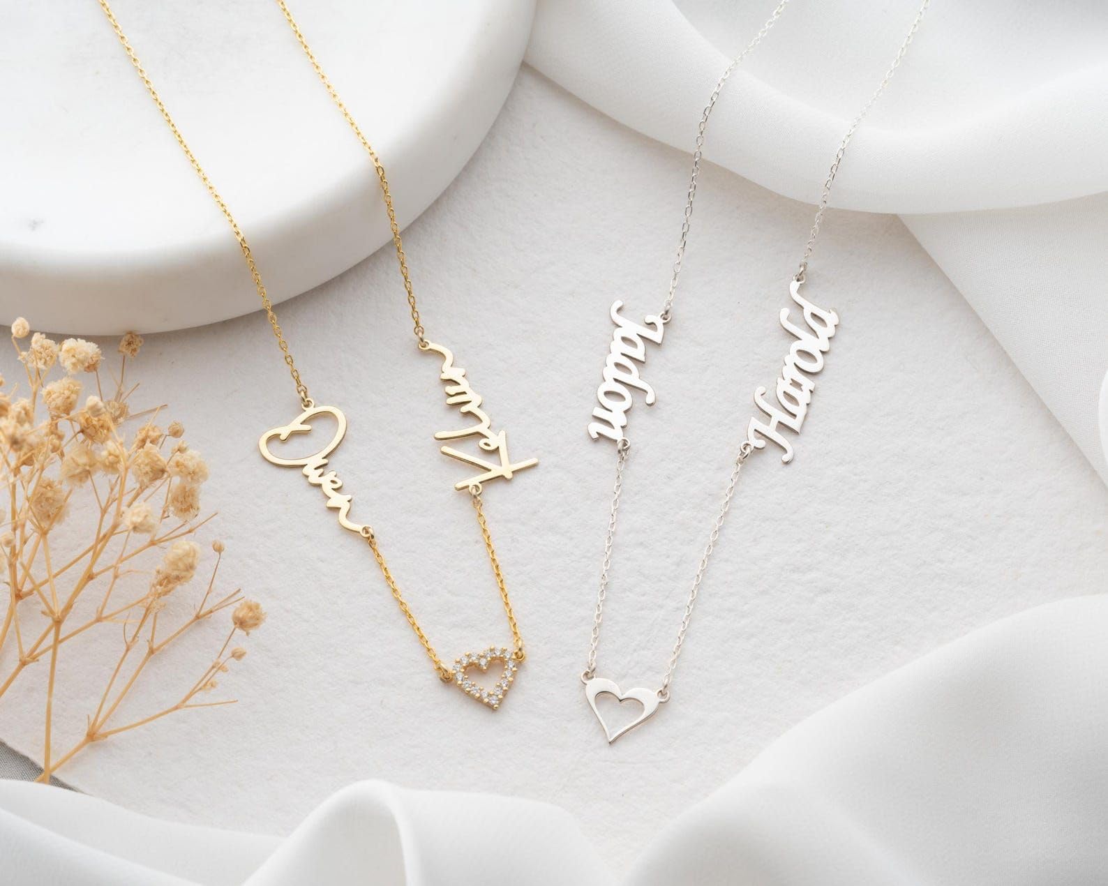 Personalizado dos collar con nombre, plata niño oro corazón delicado niños placa con nombre pequeño, Estilo diario