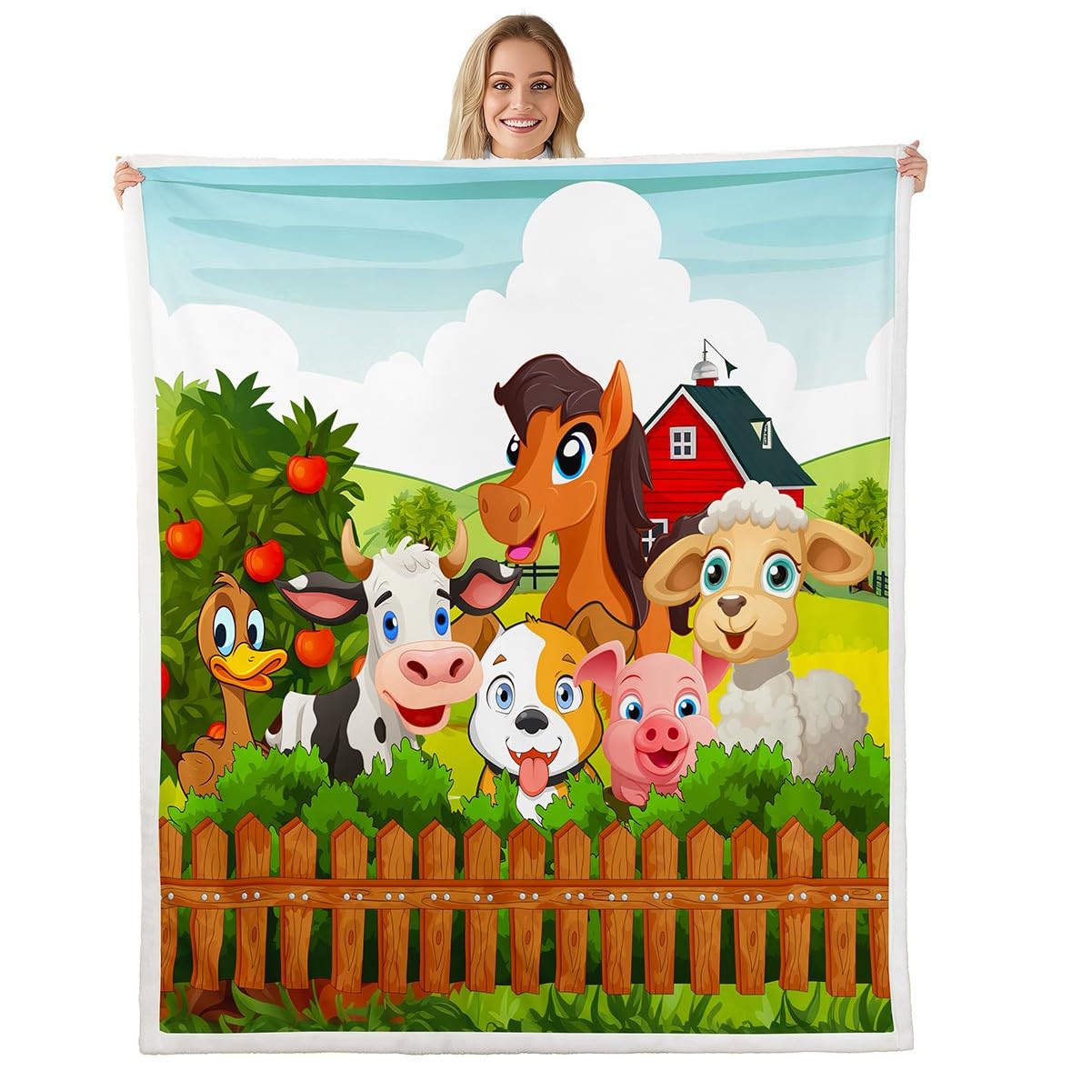 Kids Cartoon Fleece Throw Blanket Toddler Cute Farm Animals Sherpa Blanket Cattle Sheep Pigs Dogs Horses Plush Blanket for Boys Girls Farmhouse Soft