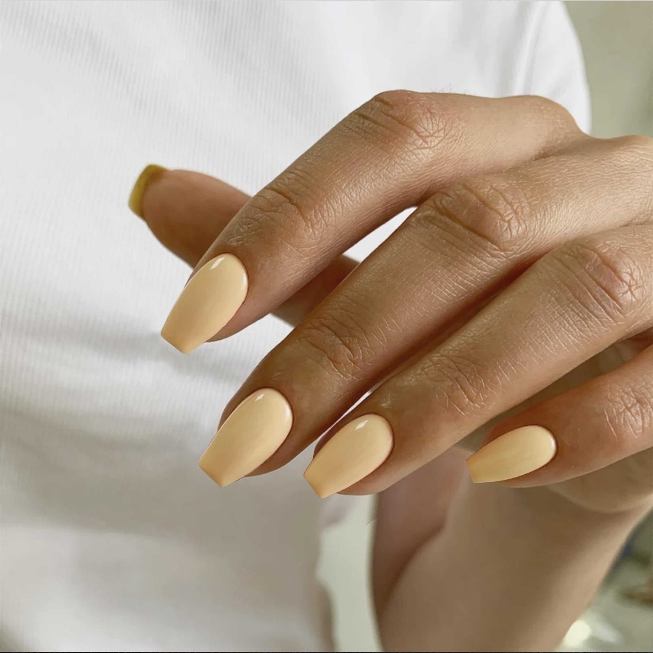 KQueenest Pastel Yellow Press on Nails Short Medium Coffin, Beige False Nails Short Ballerina - Image 2