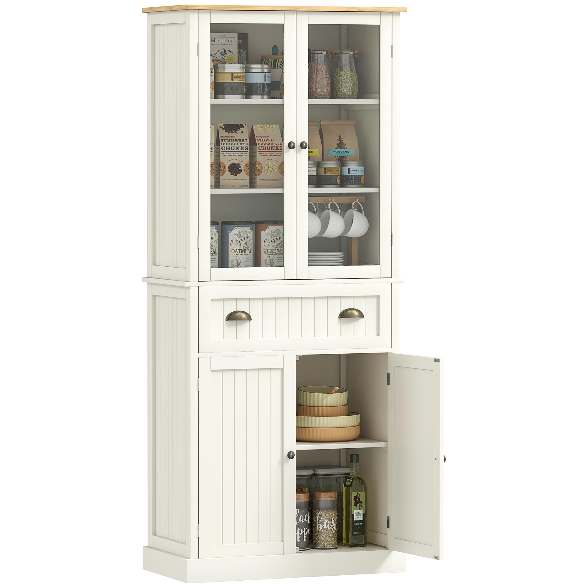 HOMCOM Buffet Meuble Cuisine Rangement Armoire de Cuisine 4 Portes Dont 2 Portes vitrées et 1 tiroir Hauteur 182,​5 cm avec étagères réglables - Beige