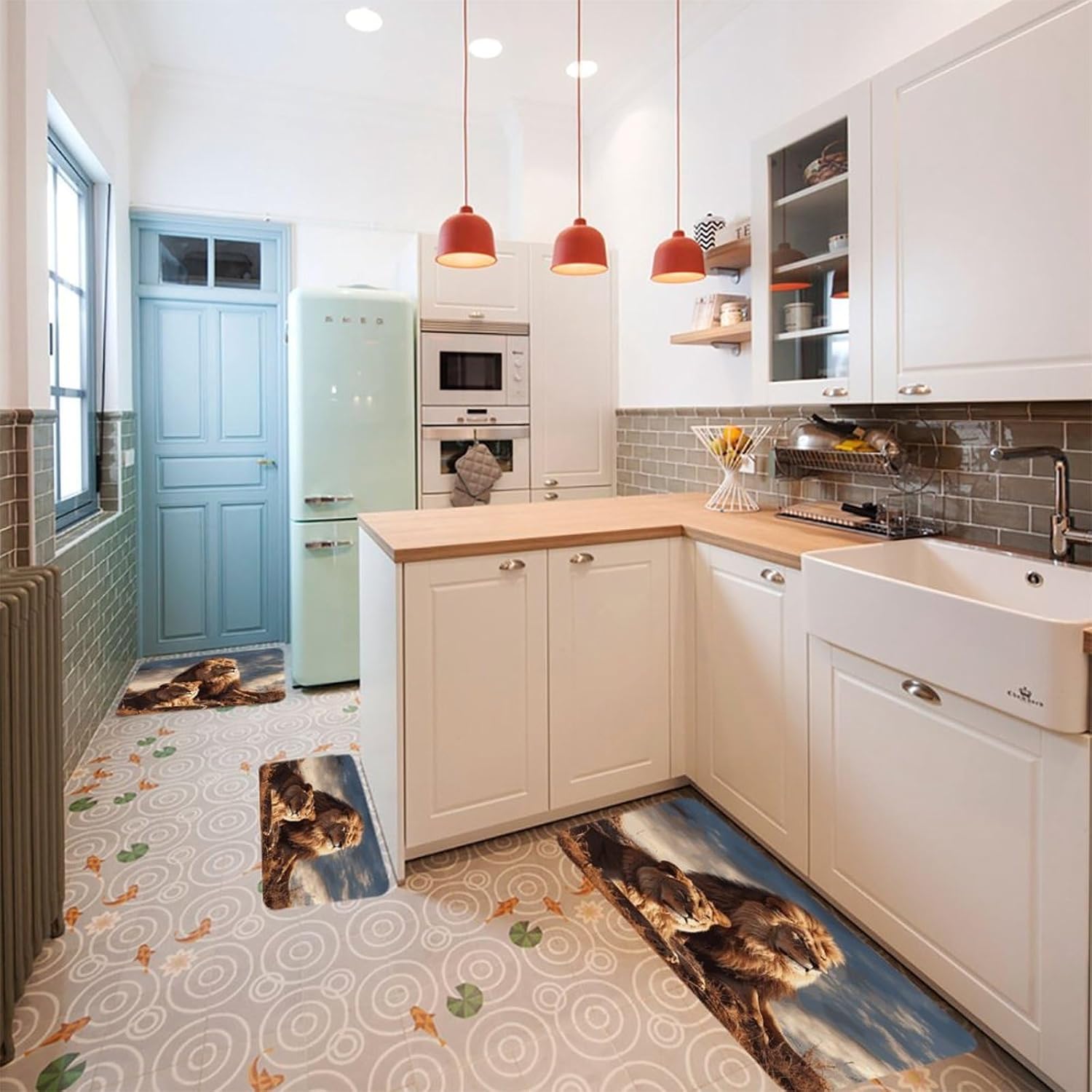 Two Lions Kitchen Mats Soft Absorbent Rugs for Floor Non Slip Washable Kitchen Mats Fashion Rectangular Rugs for Three-Piece Set for Laundry Office Home Sink