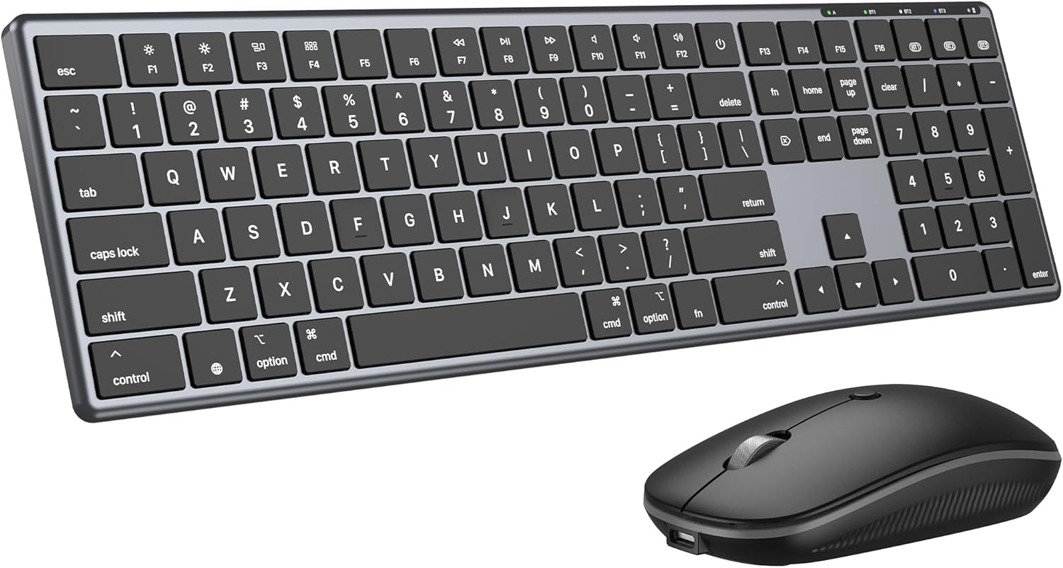 Bluetooth Keyboard and Mouse Combo for Mac, Rechargeable Wireless Keyboard Mouse, Multi-Device Connection, Quiet Keys, Metal Frame, for Travel & Desk, Compatible with MacBook Pro/Air, iPad, iPhone