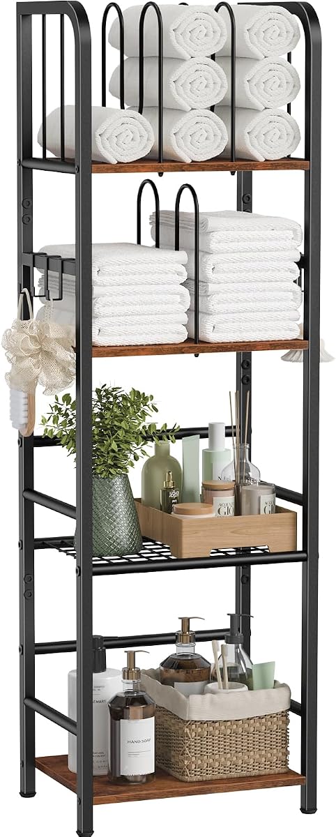 Snughome Towel Rack Free Standing 4-Tier M-Shaped Detachable Dividers, Metal Towel Storage Shelf for Bathroom, Pool Towel Rack Holder, Space-Saving Storage Organizer, Modern Bath Towel Storage Holder