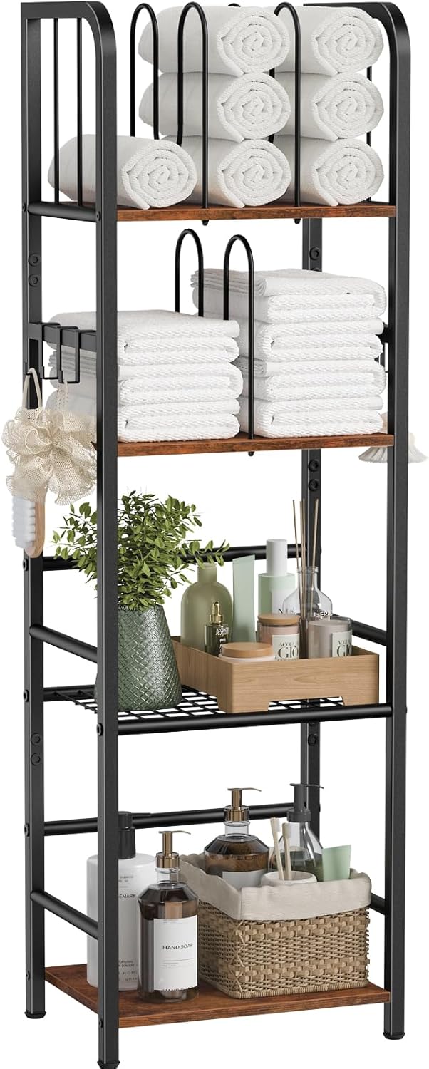 Snughome Towel Rack Free Standing 4-Tier M-Shaped Detachable Dividers, Metal Towel Storage Shelf for Bathroom, Pool Towel Rack Holder, Space-Saving Storage Organizer, Modern Bath Towel Storage Holder