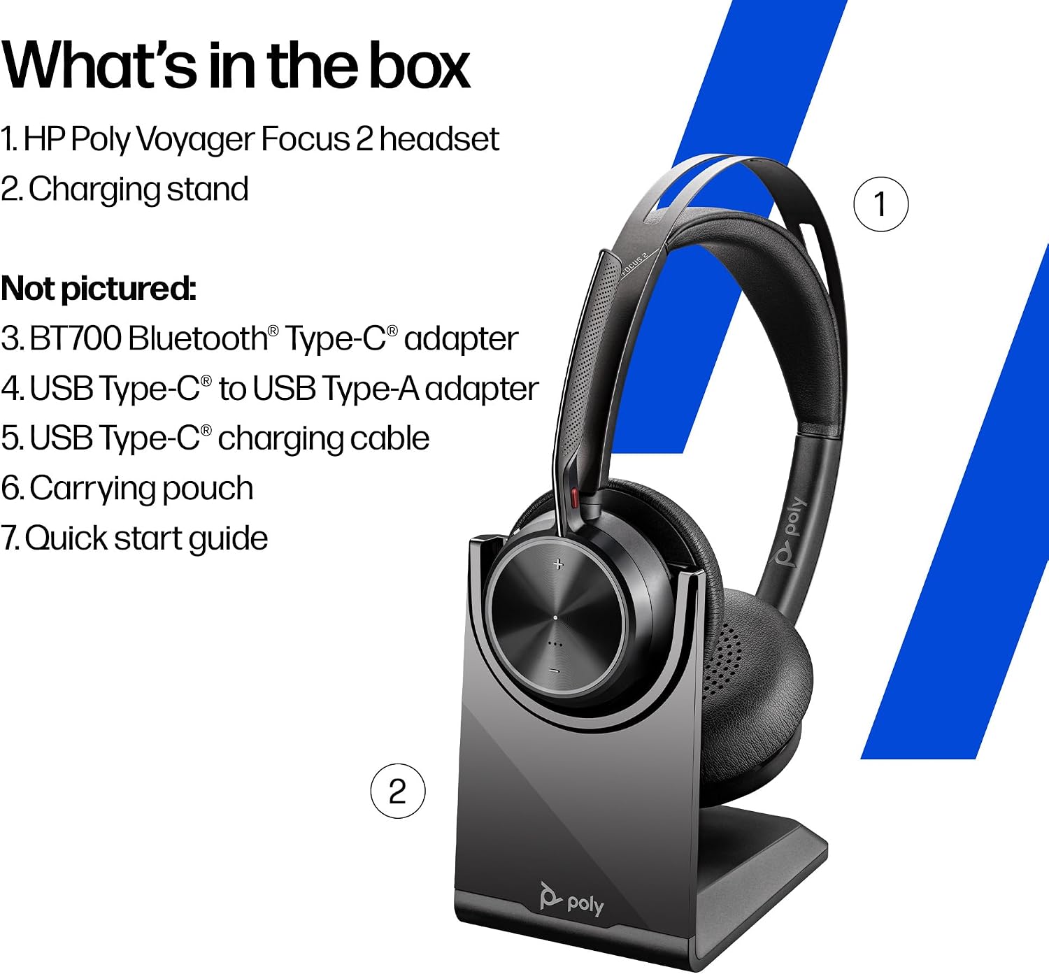 POLY Voyager Focus 2 — гарнитура с разъемом USB-C, зарядной станцией и переходником USB-C/A — Bluetooth, ANC, технология Acoustic Fence, до 25 часов в режиме разговора, черный