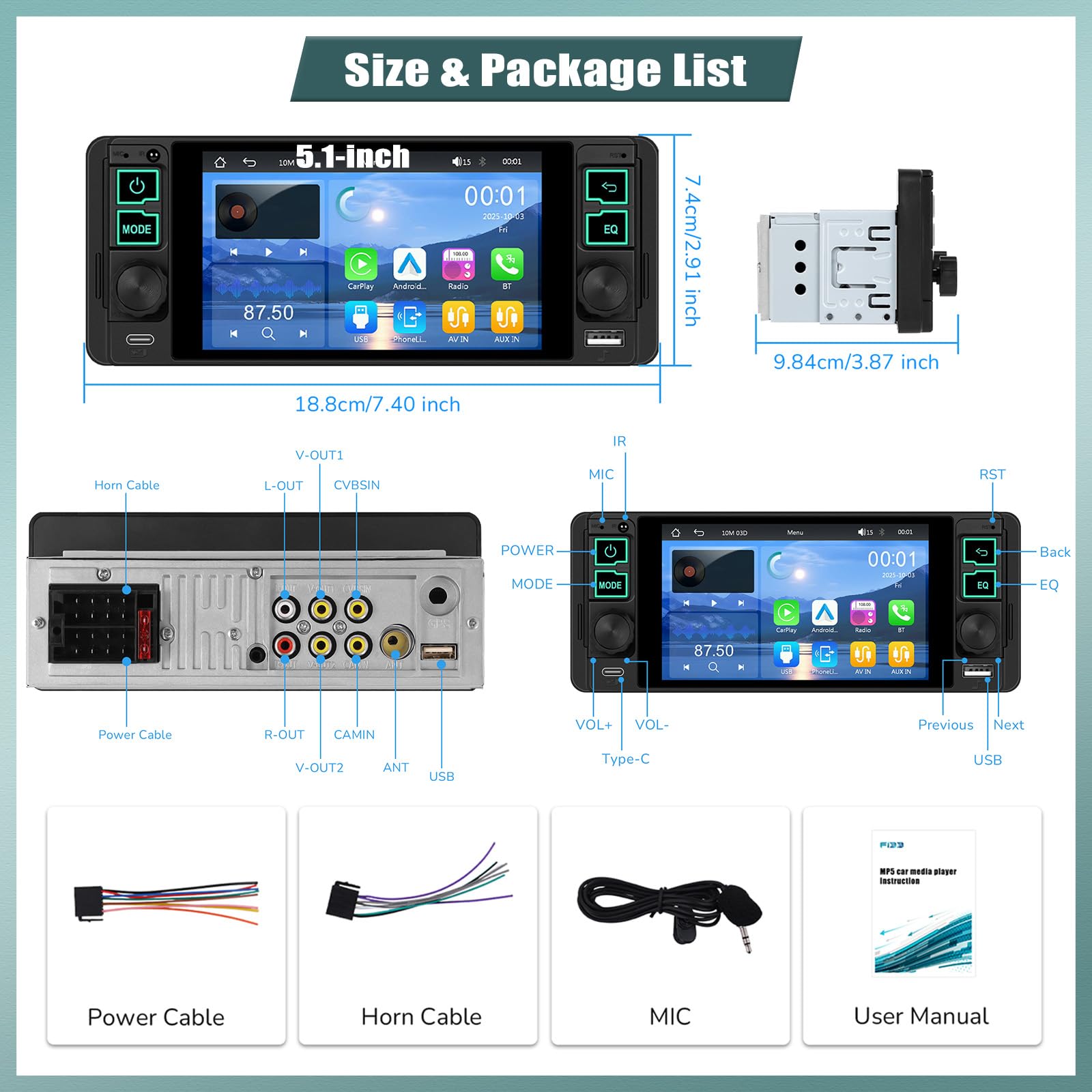1 Din Autoradio mit 5.1 Zoll Bildschirm mit Wireless Carplay Android Auto, Bluetooth 5.2 Freisprecheinrichtung HD Display Radio mit Mirror Link USB/AUX FM Radio SWC EQ +MIC