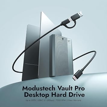 ModusTech 4TB Desktop External Hard Drive (NOT-PORTABLE) — Vault USB-C 3.1 (5Gbps) High-Speed HDD for PC, Mac, Laptop & Console, Backup Storage,