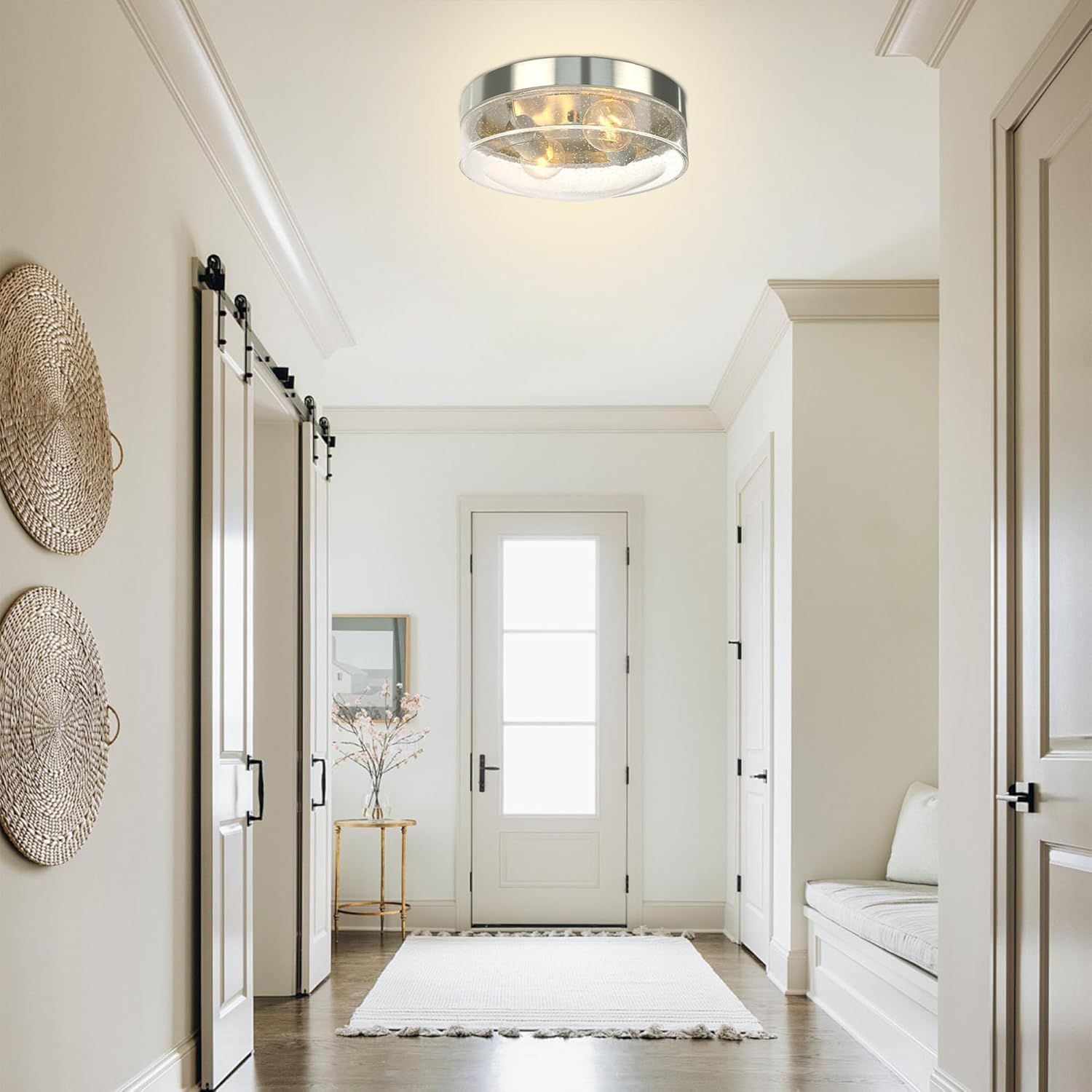 Kalium Flush Mount Ceiling, 2-Light Farmhouse Ceiling Mount with Seeded Glass Lampshade, Industrial Flush