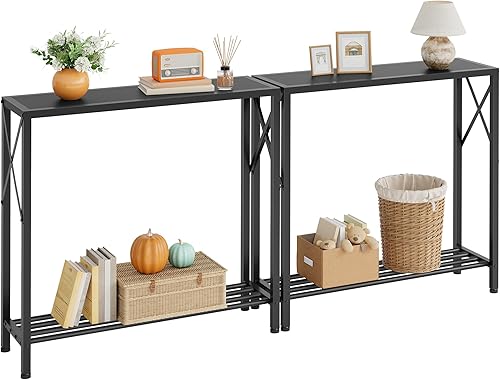 Miniatura 9 de Tajsoon - Mesa de consola de 28.3" de largo, mesa estrecha de 2 niveles para entrada con estantes abiertos, pequeña mesa de sofá para sala de estar,