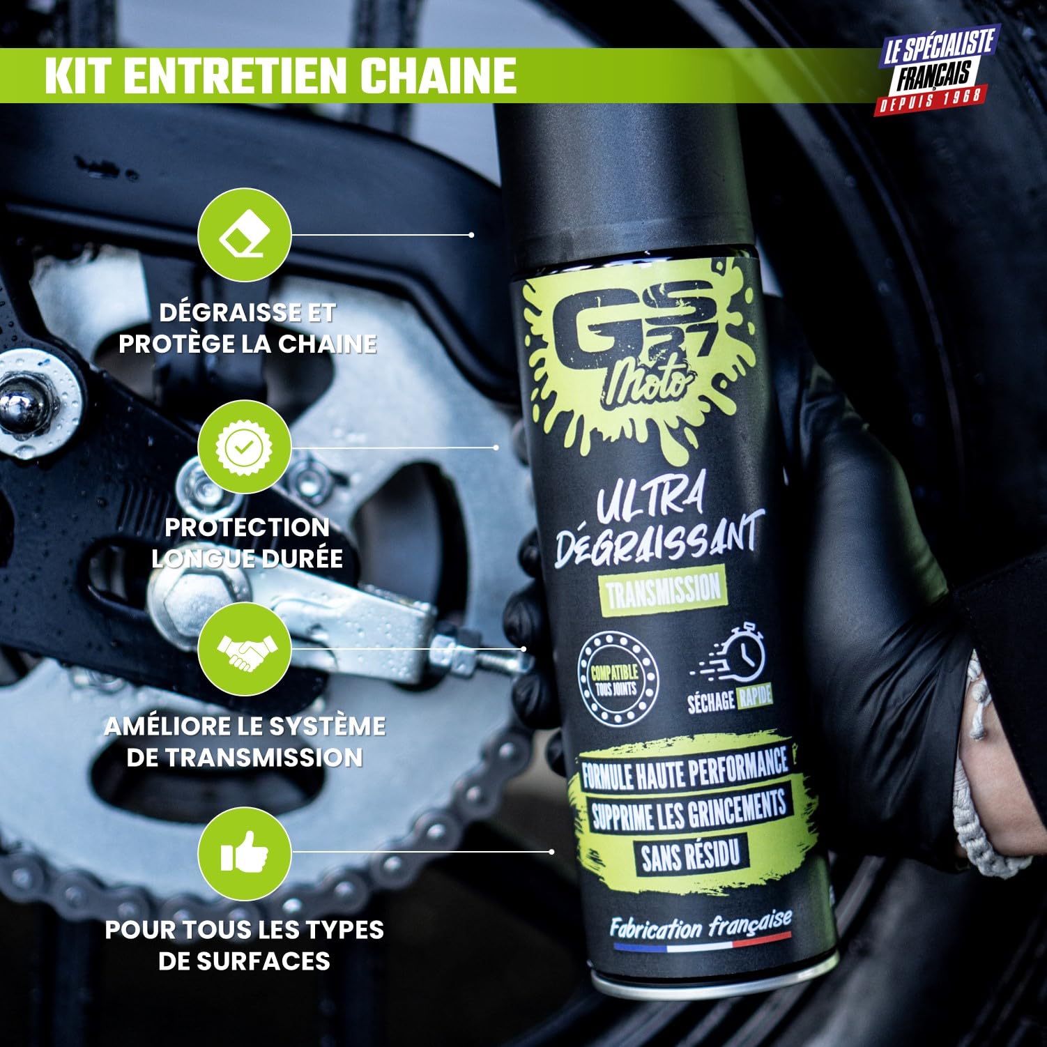 GS27 - Kit Entretien Chaine GS27 Moto - Haute Perfromance - 1 Ultra Dégraissant / 1 Graisse Graphène / 1 Brosse Chaine
