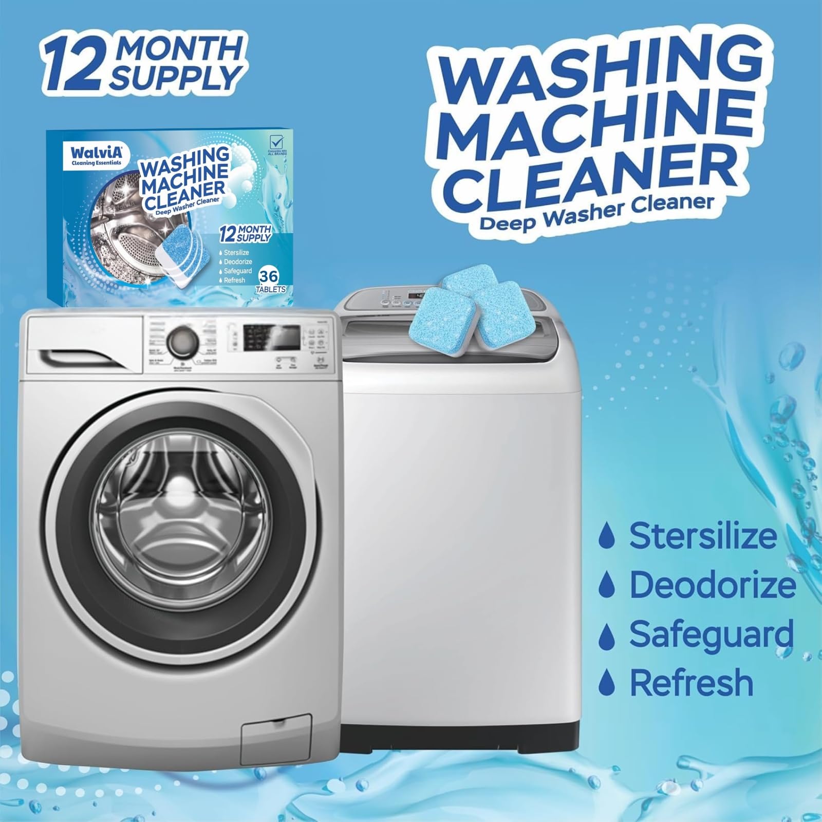 Washing Machine Cleaning Tablets | Deep Cleaning & Descaling for Front & Top Load Washers | Removes Odor | Residue & Limescale | Easy to Use Effervescent Tablets | Improve Hygiene | 36 Pcs - Image 6 thumbnail