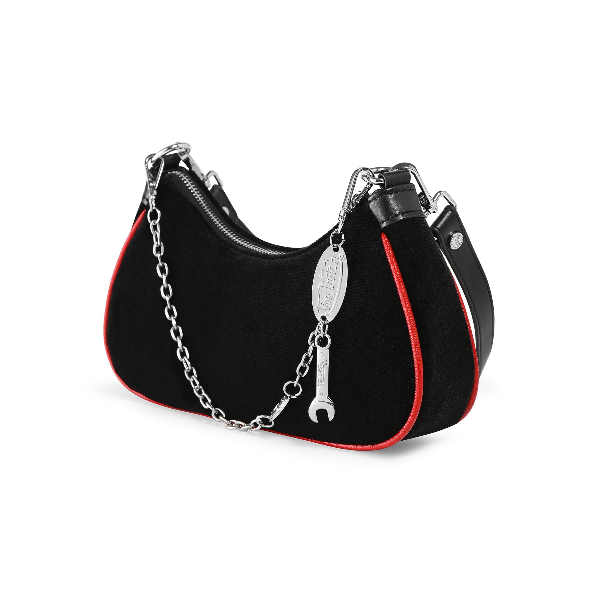 Von Dutch Womens Rhinestone Shoulder Bag – Stylish Handbag with Adjustable Strap, Spacious Interior, and Iconic Logo Design (Black and Red Rhinestone)