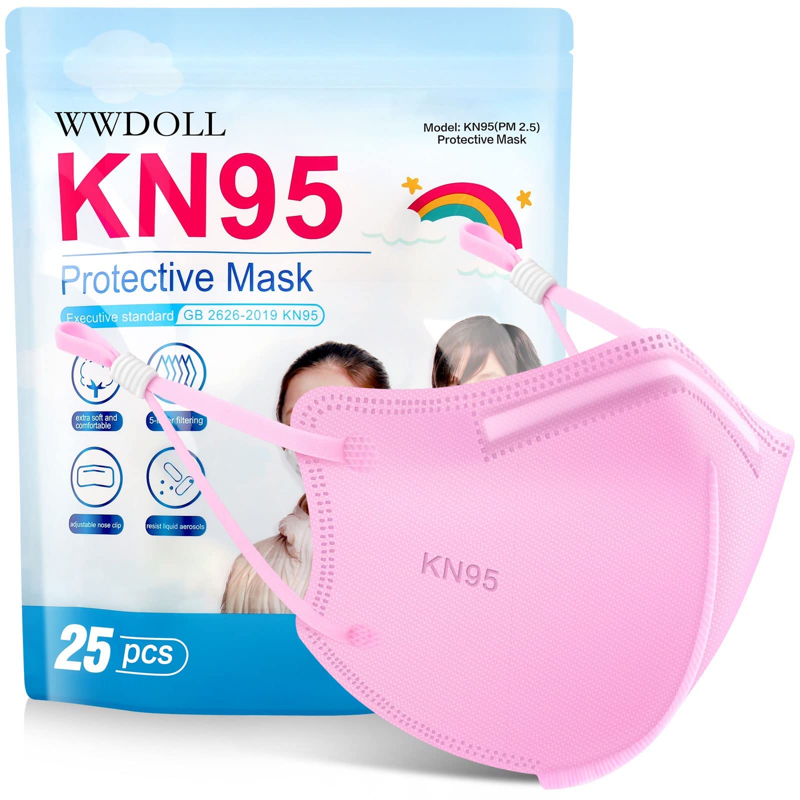 WWDOLL Small Size KN95 Face Mask 25 Pack, 5-Layers Breathable KN95 Masks, Pink