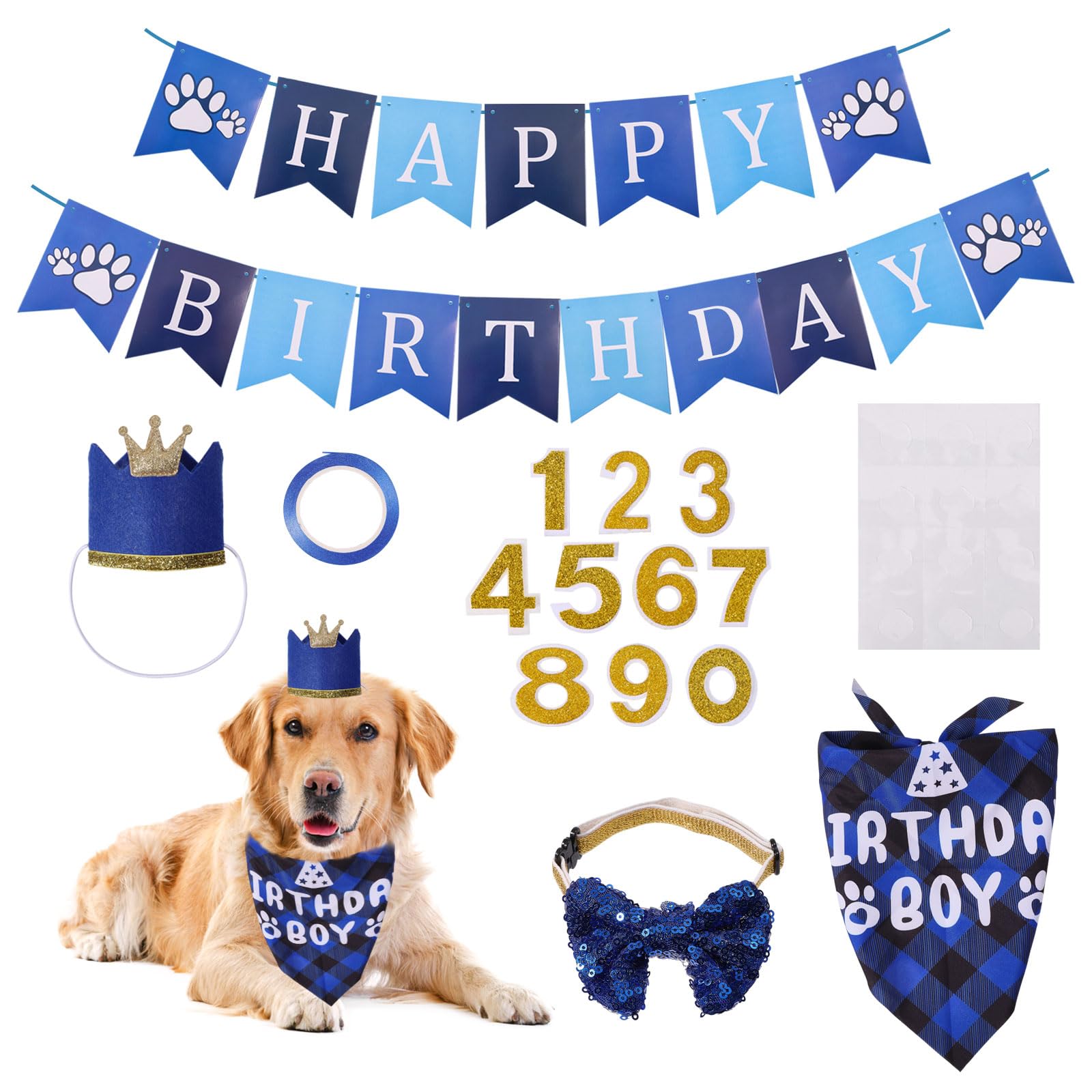 CONCHLERY Dog Birthday Party Supplies Set Crown Hat Bandana Bow Tie with Reusable Numbers, for Puppy Birthday Celebrations Pet Adoption Party Event Decorations