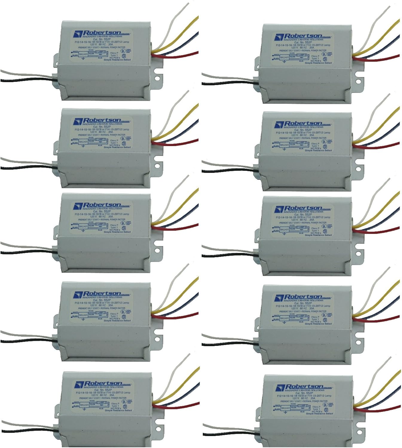 ROBERTSON 2P10084 SS2P AM Quik-Pak of 10 Fluorescent mBallasts for 1 F20T12, F15T12, F14T12 or F15T8, F14T8 Linear Lamp, Preheat Self Start, 120Vac, 60Hz, Normal Ballast Factor, NPF