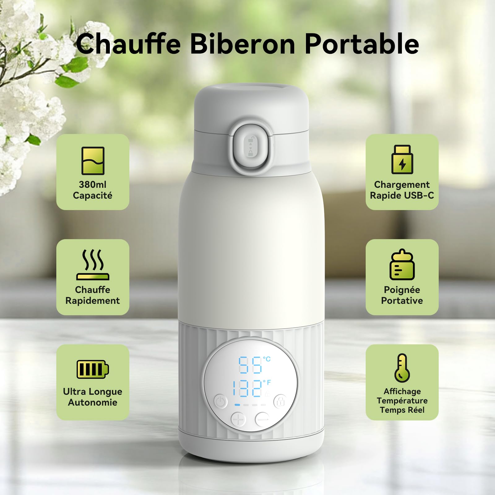 Chauffe-Biberon Nomade Portable Sans Fil 380ml, 2 Modes pour Lait Maternel et Eau, Température Réglable, Chauffage Rapide & Longue Autonomie, Recharge USB-C, Idéal pour Toute la Journée