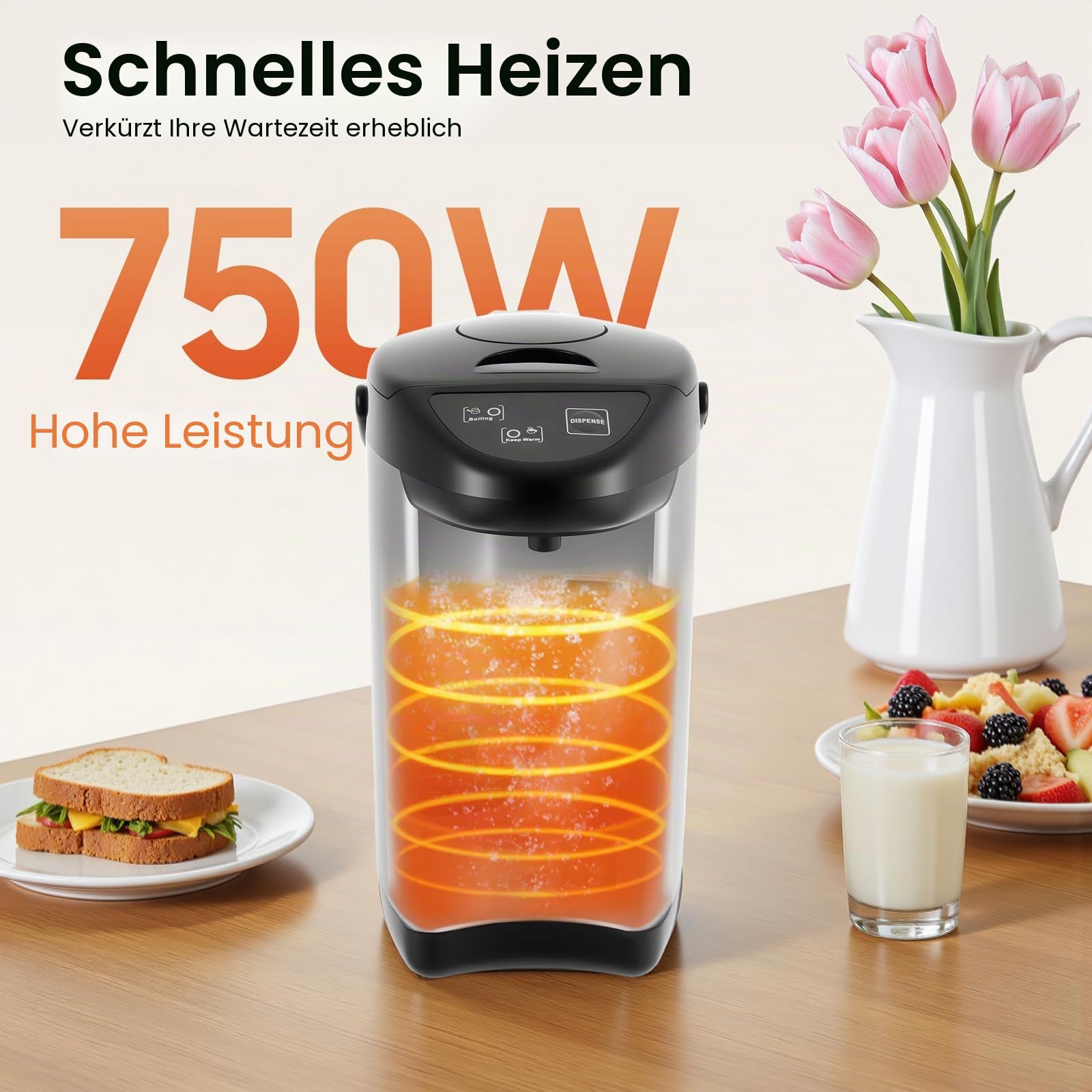 Elektrische Thermokanne 4 Liter Wasserspender Heißwasserspender Wasserkocher Teekanne 750 W Edelstahl Wasserkocher Thermoskanne Heisswasserspender (Schwarz)