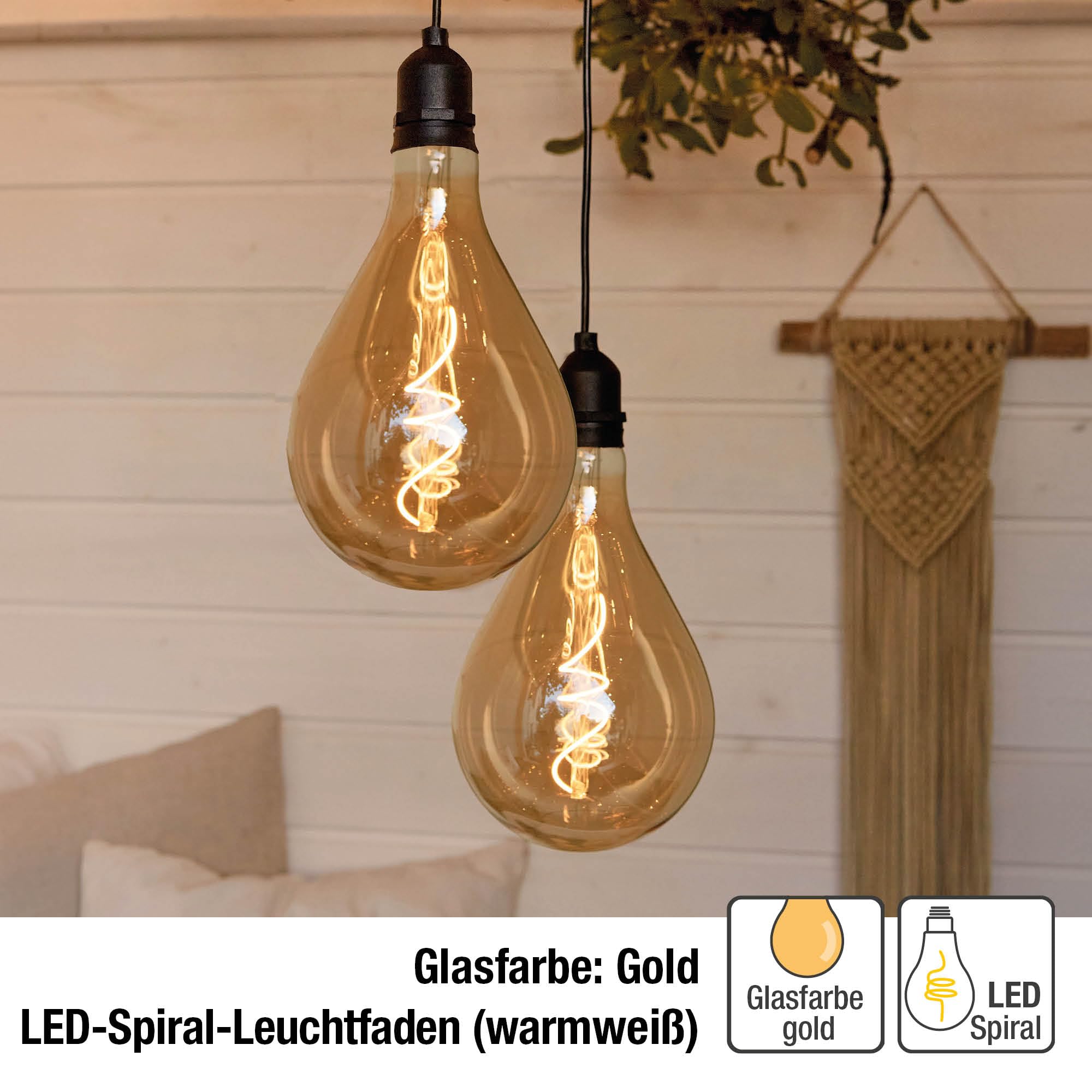 hellum 2er Set Hängelampe Vintage, Pendelleuchte mit Timer A130 Ø 13 x 27cm, goldene Glühbirne mit Fernbedienung, dimmbare Retro Hängeleuchte mit Batterie (4xAA nicht inkl.) Deko Hochzeit 151404