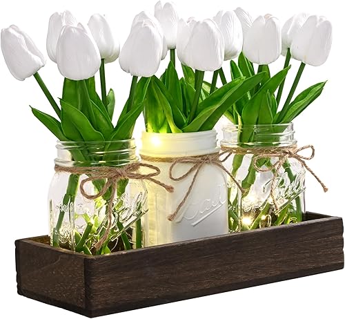 Miniatura 9 de BLEUM CADE Decoraciones de Centro de Mesa - 3 Piezas Rosas Flores Artificiales en Frascos Mason con Bandeja de Madera para Mesa de Comedor Mesa de