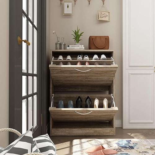 Miniatura 4 de FAMAPY Moderno zapatero con 2 cajones abatibles, gabinete de almacenamiento independiente de zapatos, diseño de obturador, organizador de