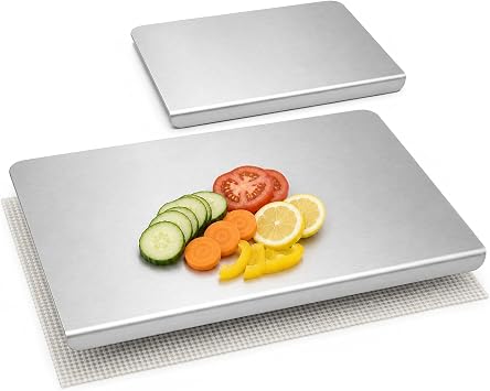 2-Piece Stainless Steel Cutting Board Set with Lip and 2 Non-Slip Mats | Large 15.7 x 11.8 in and Small 11.8 x 7.9 in Metal Cutting Boards for Meat, Vegetables, Fruit and Dough Prep