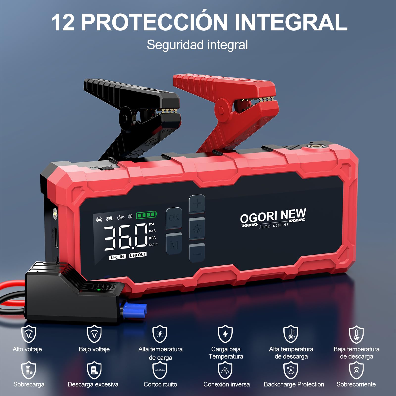 Arrancador de Baterias de Coche 7000A,Compresor Aire portatil 150 PSI,Arrancador de Coche 12V(para 10L de Gasolina o 8L de Diésel) con Pinzas de Seguridad Inteligentes y luz LED