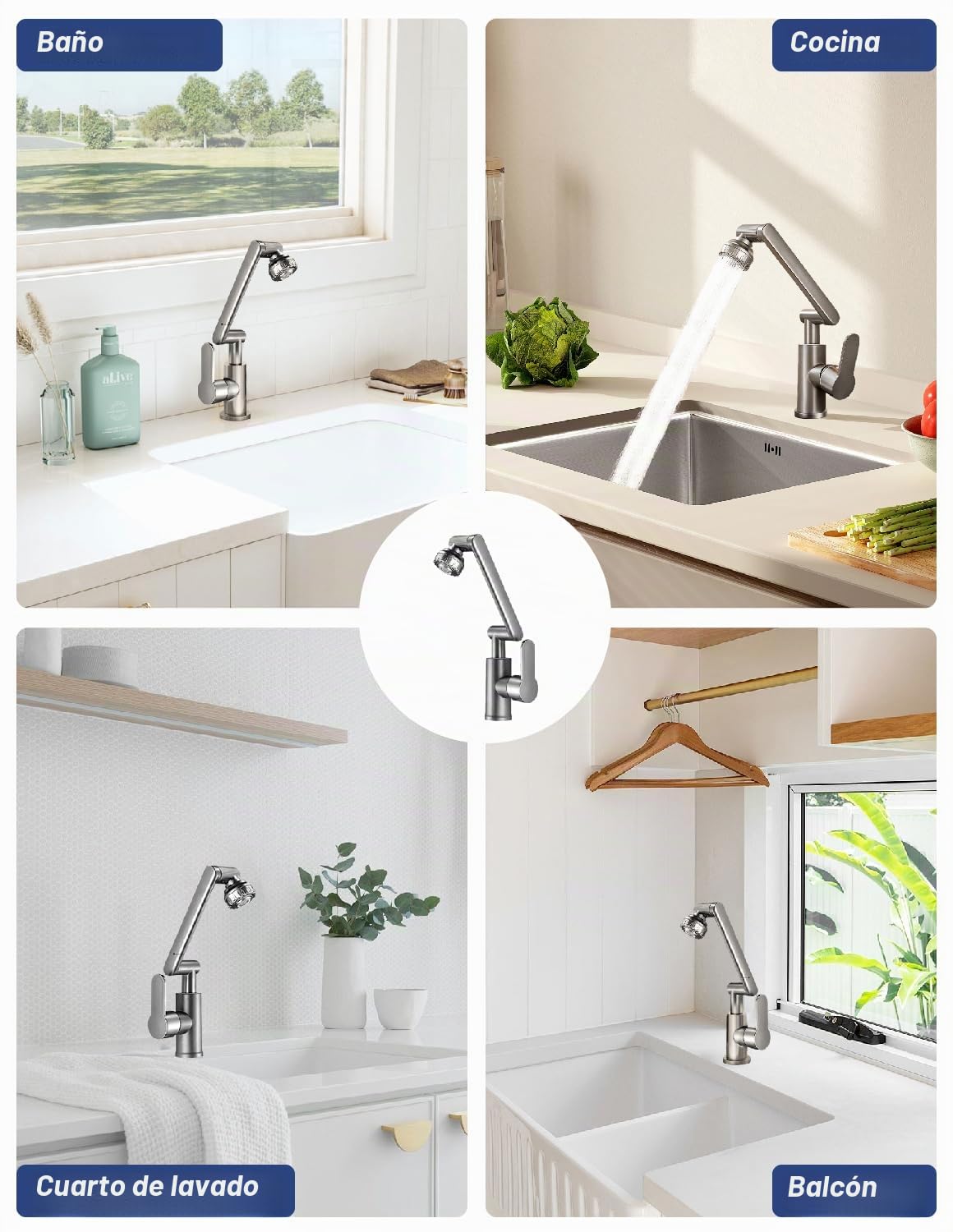 Grifo de Cocina Flexible 1080º, Grifo Lavabo Giratorio, Grifo Cocina Extraible de Acero Inoxidable Fregadero Fría y Caliente 2 Modos de Ajuste de Flujo de Agua